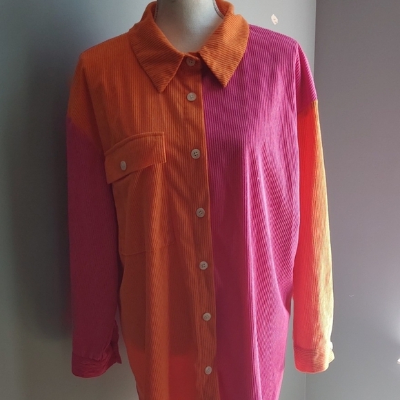 SHEIN Tops - Colorblock Orange and Pink corduroy button-Up Shirt